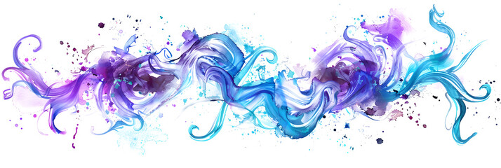 Whimsical purple and blue watercolor swirls and splatters composition on transparent background. - obrazy, fototapety, plakaty