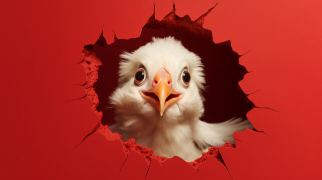 Lustig neugierige Entdeckung: Ein junger Adler späht durch eine zerbrochene rote Wand.