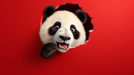 Erschreckter Pandablick: Ein Pandabär schaut mit großen eschreckten Augen und seiner Tatze am Mund, durch ein Loch in einer roten Wand. - obrazy, fototapety, plakaty