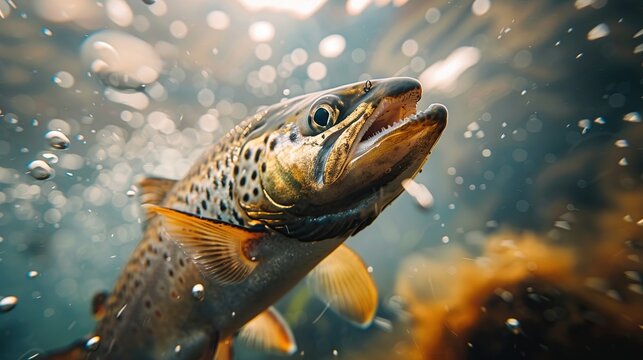Predatory fish salmon trout in habitat under water.
