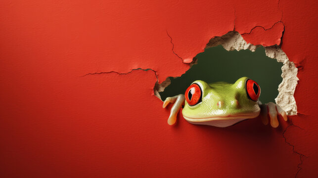 Grüner Lauschposten: Ein grüner Frosch mit roten Augen schaut neugierig durch ein Loch in der Wand.