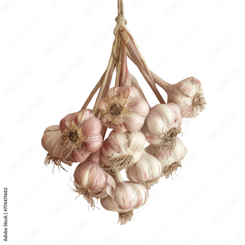 Poster garlic cloves hanging in a row on a string