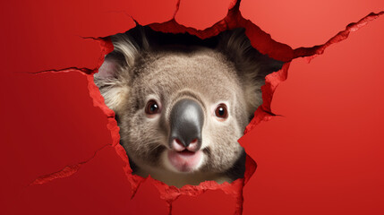 Scheues Hallo: Ein süß lächelnder Koala schaut aus einem Loch in einer roten Wand.

 - obrazy, fototapety, plakaty