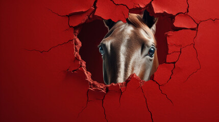 Versteckter Beobachter: Ein schüchternes Pferd schaut durch ein loch einer roten Wand. - obrazy, fototapety, plakaty