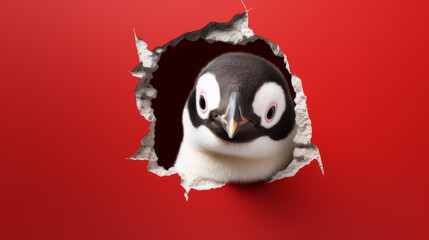 Blick aus der Antarktis: Ein süßer Pinguin schaut durch ein Loch in einer roten Wand. - obrazy, fototapety, plakaty