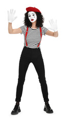 Funny mime with beret posing on white background
