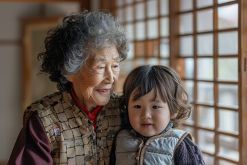 Asian old woman grandmother with granddaughter. Family. Generations. Elderly Person's Day. Chinese New Year. TET