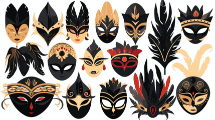 Masks and feathers black flat cartoon vactor illust
