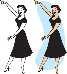 A vintage retro cartoon of an attractive woman in a dress pointing at something interesting. 