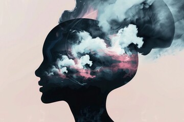 mental health awareness, Profile silhouette with stormy clouds in mind, great for emotional health discussions. - obrazy, fototapety, plakaty