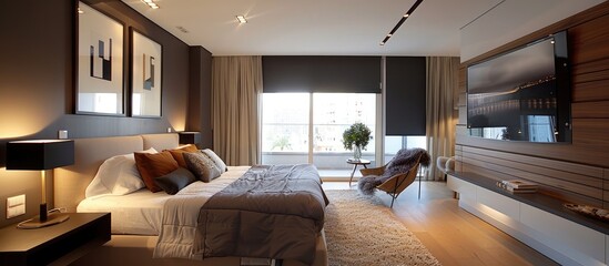 Fototapeta na wymiar Sleek and Minimal Urban Apartment Bedroom with Sophisticated Decor and Relaxing Ambience