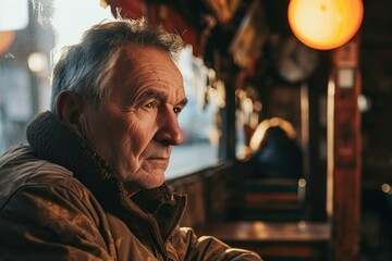 Portrait of an old man sitting at the table in a cafe