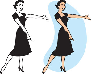 A vintage retro cartoon of an attractive woman in a dress pointing at something interesting. 