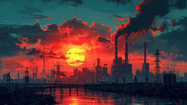 old poster retro Soviet style of energy machine engine providing electricy to a huge city, generative ai