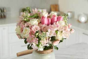 Beautiful bouquet of fresh flowers in vase indoors