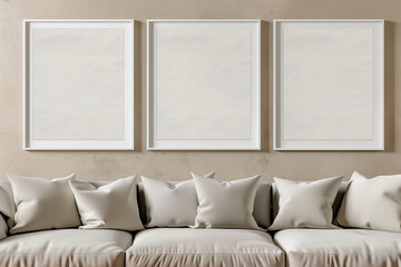 Three white framed pictures are on a wall next to a couch. The couch is covered in pillows and has a patterned design. Scene is calm and peaceful, with the white frames - obrazy, fototapety, plakaty