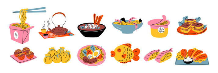 Asian cuisine cartoon set of stickers in retro 90s style. Food, dishes, ramen, noodles, sushi, traditional dishes. Japanese cafe bar restaurant. Vector shapes of national East Asian Japanese and China - obrazy, fototapety, plakaty