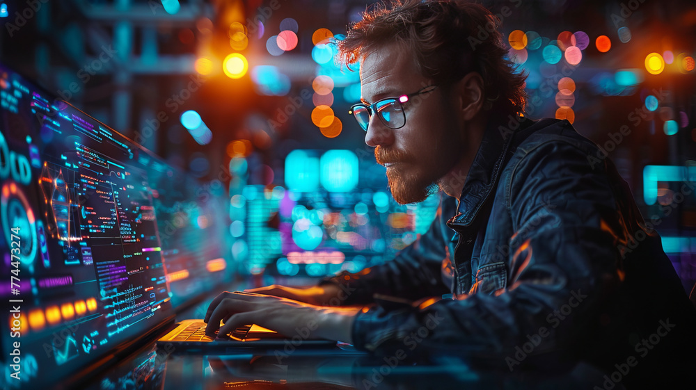 Poster futuristic iot concept: man coding on laptop and tablet, symbolizing digital innovation in software 