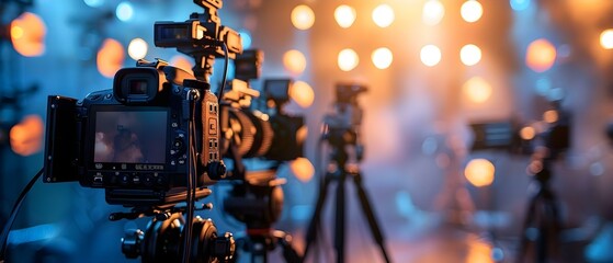 Film Studio Equipment: High-Definition Camera, Tripod, and Lighting for Professional Productions. Concept Film Equipment, High-Definition Camera, Tripod, Lighting, Professional Productions - obrazy, fototapety, plakaty