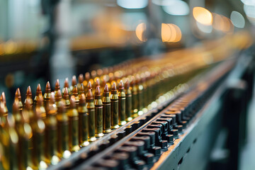 Ammunition assembly line with bullets, shallow depth of field.