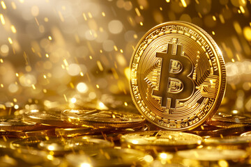 Bitcoin in vector graphic golden background - Powered by Adobe