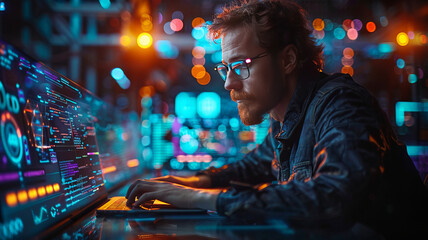 Fototapeta na wymiar Futuristic IoT concept: Man coding on laptop and tablet, symbolizing digital innovation in software development,generative ai