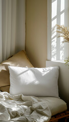 Fototapeta na wymiar Warm sunlight illuminates a white pillow and dried flowers by a wooden window, evoking a tranquil ambiance, ideal for branding mockups