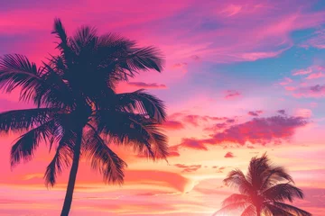 Cercles muraux Roze A vibrant pink and orange sunset sky with the silhouette of an exotic palm tree, creating a tropical scene for travel advertising or vacation Generative AI