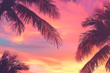 A vibrant pink and orange sunset sky with the silhouette of an exotic palm tree, creating a tropical scene for travel advertising or vacation Generative AI