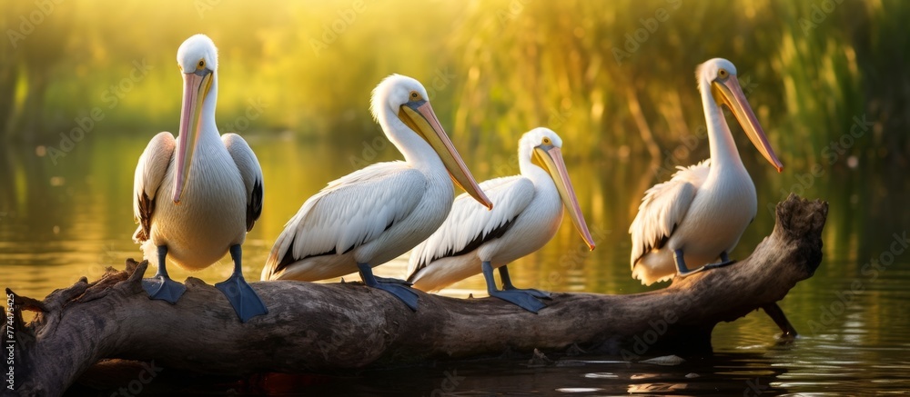 Wall mural Group of pelicans perching gracefully on a wooden log floating in the calm waters