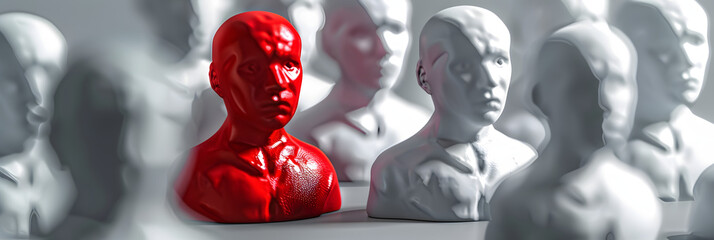 The unique red figurine stands out from the crowd of white, symbolizing ambition, success, and the confidence to rise above competition and shine as a leader and winner - obrazy, fototapety, plakaty