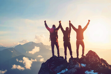 Fototapeta premium Three individuals standing atop a mountain, holding hands in the air, symbolizing unity and teamwork in overcoming obstacles together. AI Generated