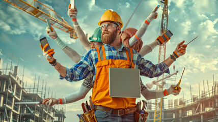construction worker with many human arms, busy with holding too many things, phone, tablet, bluebrints, construction tools generative ai
