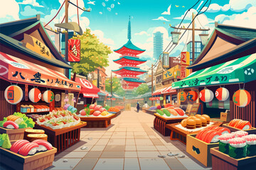 Flat design japanese market digital art illustration background - obrazy, fototapety, plakaty