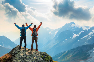Two individuals standing atop a mountain, holding hands in the air, symbolizing unity and teamwork in overcoming obstacles together. AI Generated