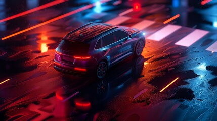 A 3D-rendered scene of an autonomous SUV expertly performing parallel parking at night, demonstrating an intelligent parking assist system - obrazy, fototapety, plakaty