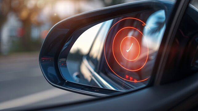 A blind zone monitoring sensor on a car's side mirror is detailed, illustrating the technology for detecting objects in the vehicle's blind spots