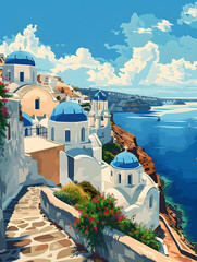 a painting of a city with blue domes overlooking the ocean