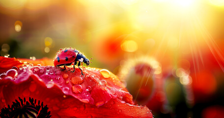 A ladybug perches on a poppy flower with dew drops. - obrazy, fototapety, plakaty