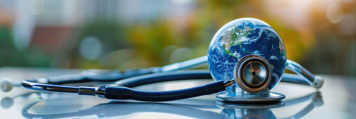 World Health Day. Global Health Awareness concept. Globe inside stethoscope. Green Earth day concept. banner - obrazy, fototapety, plakaty