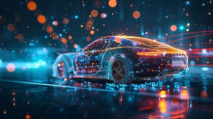 An abstract portrayal of an intelligent car, visualized through a cosmic theme of points and lines, symbolizing advanced automotive technology