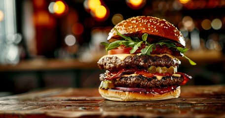 Hamburger on a Wooden Background - obrazy, fototapety, plakaty