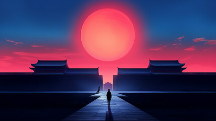 An Asian woman standing in front of ancient Chinese architecture, with neon style, grand monument, Forbidden City,generative ai