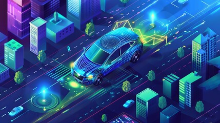 An illustration depicts a smart car with a GPS navigation system and autonomous space scanning technology for real-time condition monitoring - obrazy, fototapety, plakaty