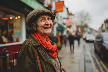 Senior woman walking in the street of London, UK. Happy senior woman in a hat and scarf.