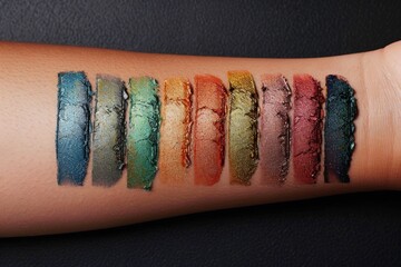 A close-up of eyeshadow swatches on a forearm, showcasing a gradient of colors from warm tones to cool hues, complemented by matching manicured nails.