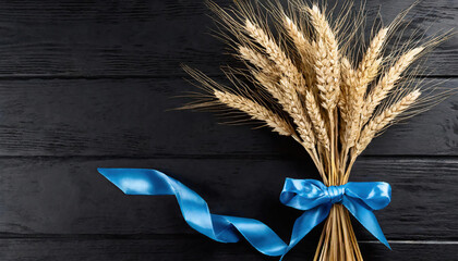 y Top view of wheat ears bouquet with blue ribbon placed on textured black wooden table