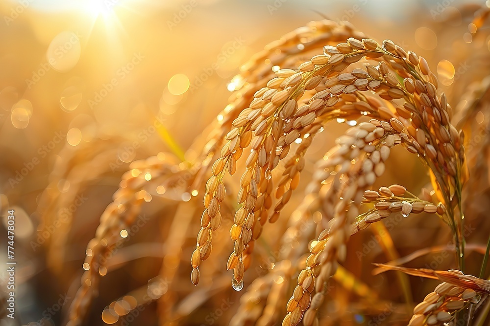 Poster a closeup of rice ears in the foreground, with sunlight shining on them and a background showing an 