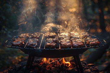A grill with a variety of foods cooking on it, including burgers, hot dogs, and vegetables