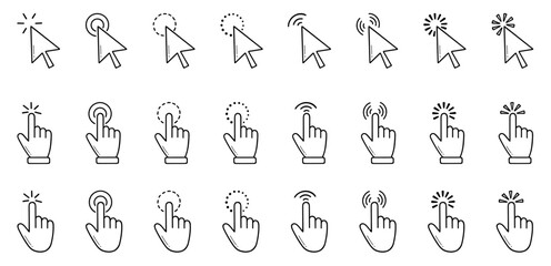 Finger click, computer pointer icon doodle set. Mouse cursor, digital arrow in sketch style. Hand drawn vector illustration isolated on white background